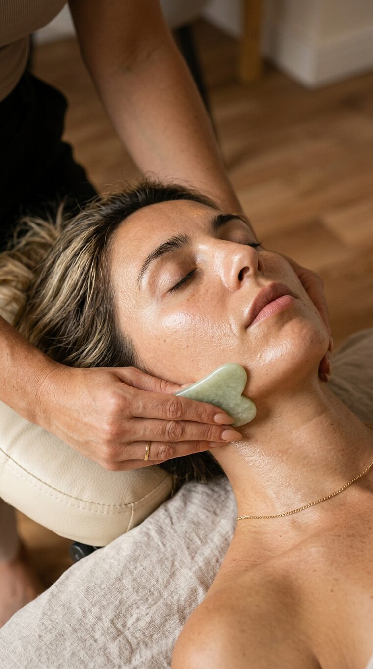 A chilled gua sha stone drawn along the jawline during the closing skincare ritual