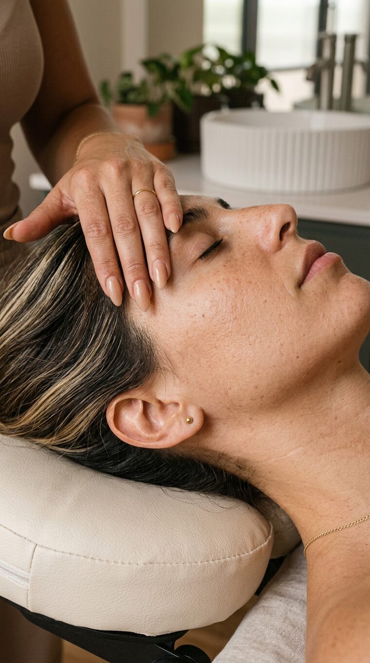 A therapist's fingertips resting lightly on a client's forehead during a caresse ritual
