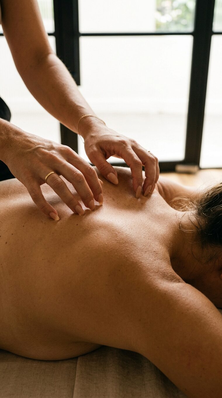 Fingertips trailing lightly down a client's back during the Full Ritual