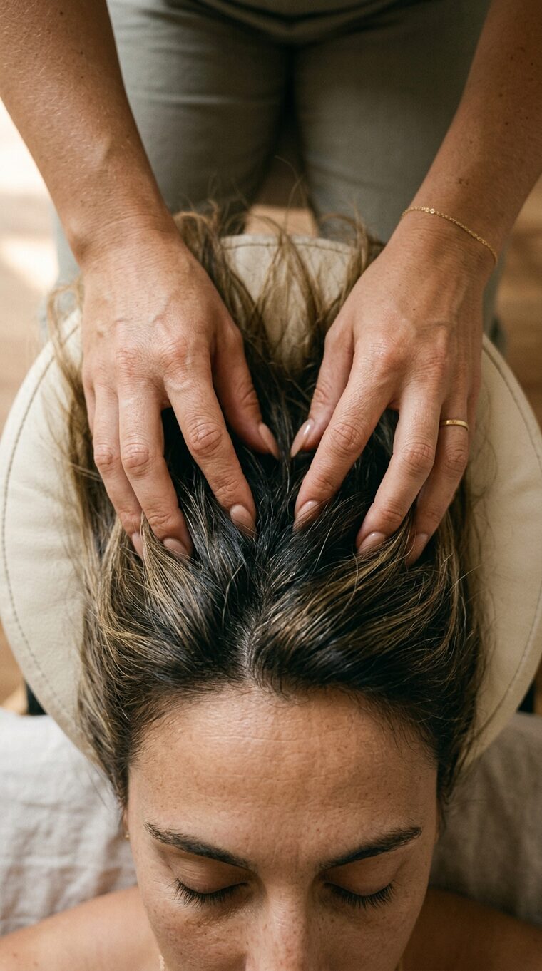 A therapist working slowly through a client's hair during the Scalp Ritual