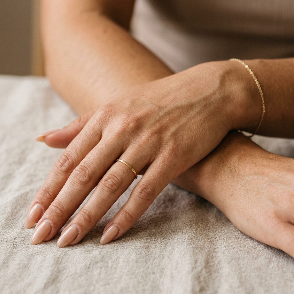 A therapist's hands resting lightly on a client's forearm